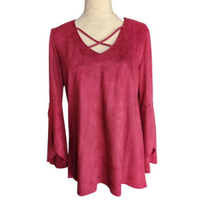 Joh Apparel Faux Suede Bell Sleeve Top Criss Cross Burgundy Women's M